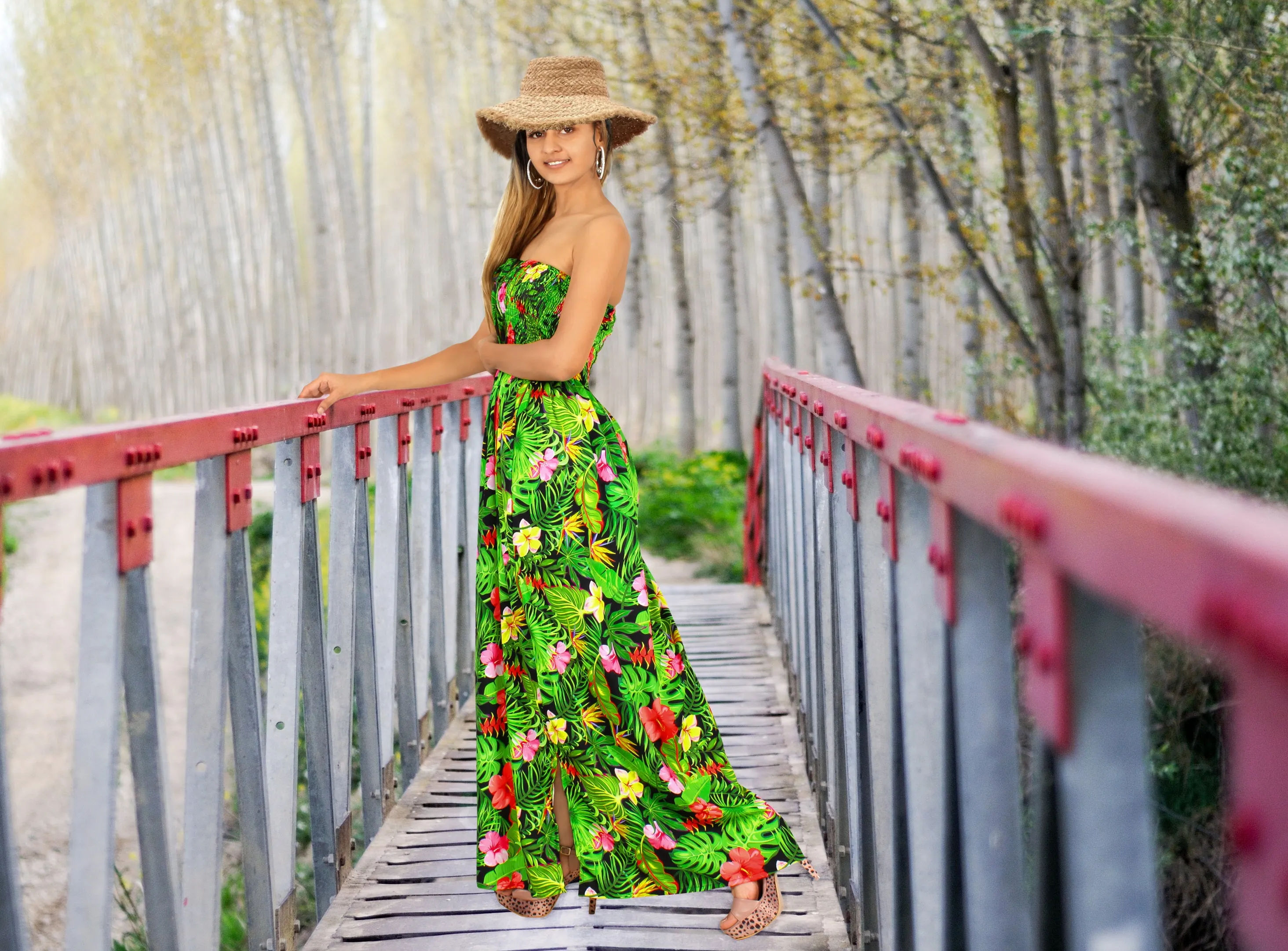 Black and Green Allover Floral Print Long Tube Dress For Women