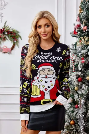 Casual Crewneck Knit Sweater  Santa Claus Enjoying a Beer