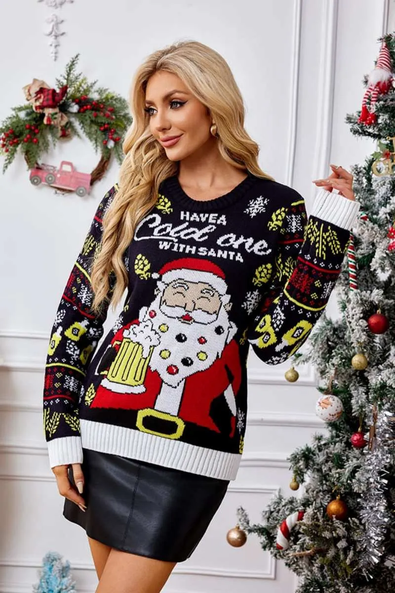 Casual Crewneck Knit Sweater  Santa Claus Enjoying a Beer