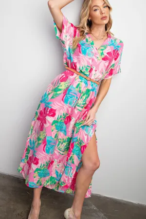Easel Tropical Print Peach Blossom Maxi Dress In Bubble Gum Plus