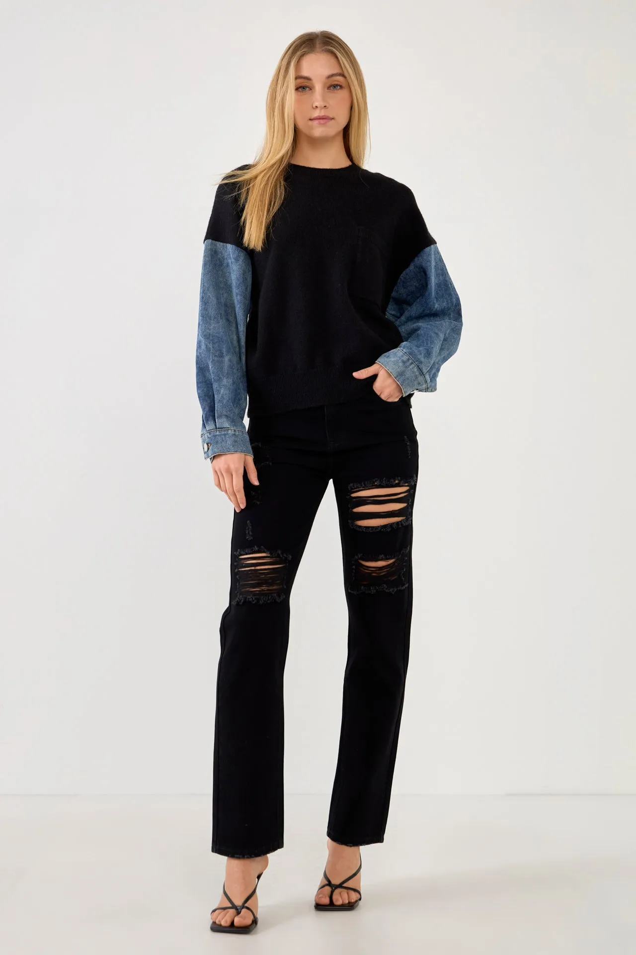 Grey Lab - Denim Combo Sleeve Sweater