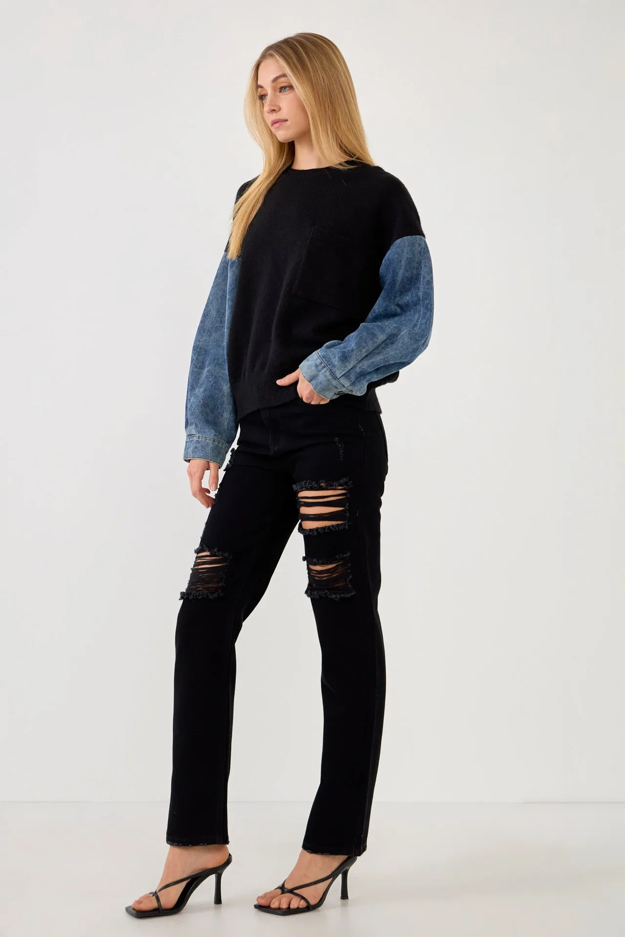 Grey Lab - Denim Combo Sleeve Sweater