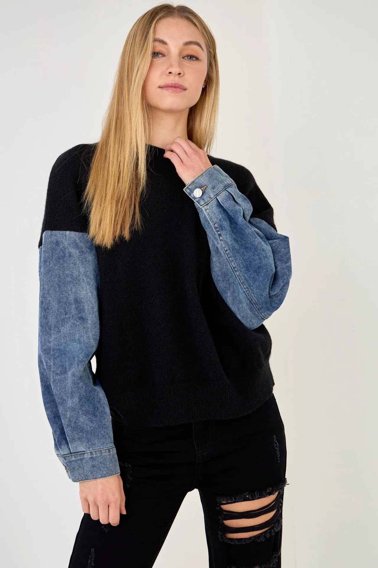 Grey Lab - Denim Combo Sleeve Sweater