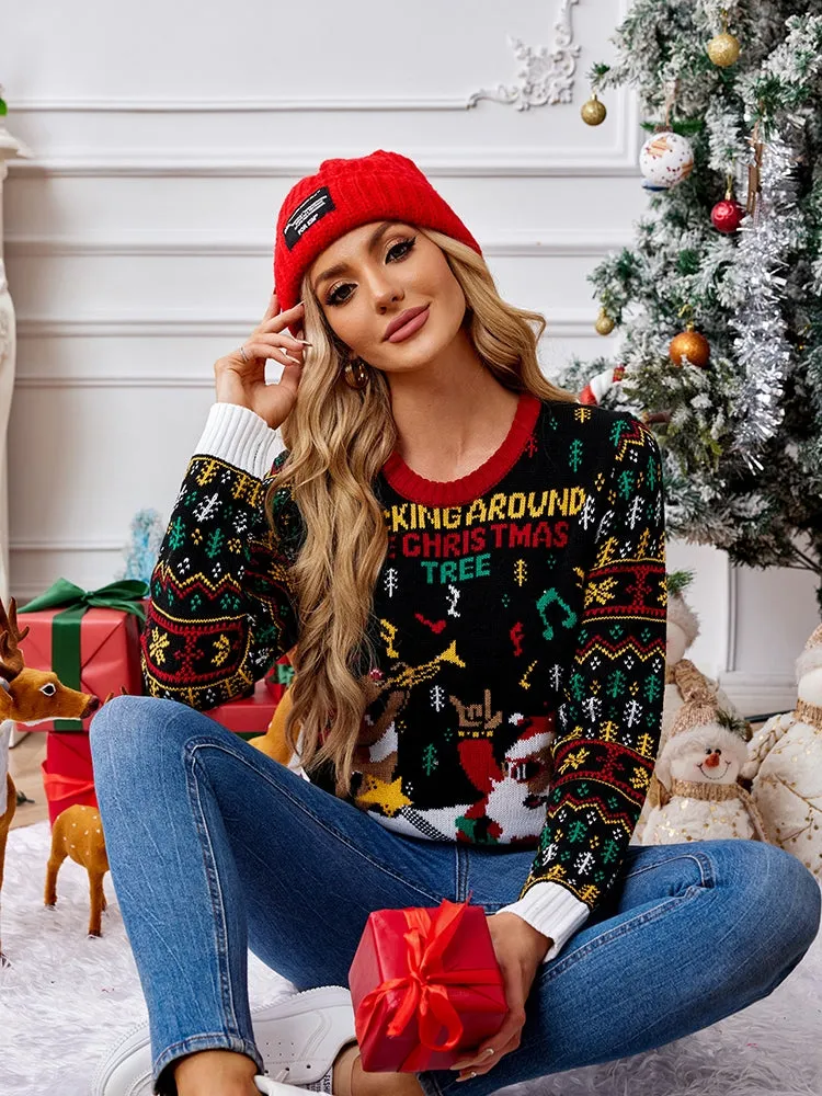 Knit Crewneck Embroidered Sweater  Santa Claus & Musical Notes