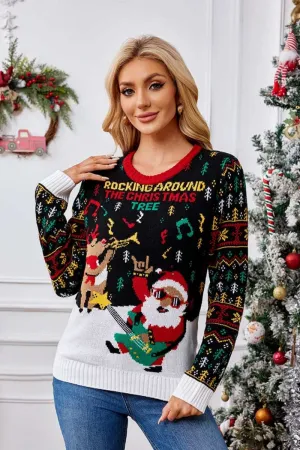 Knit Crewneck Embroidered Sweater  Santa Claus & Musical Notes