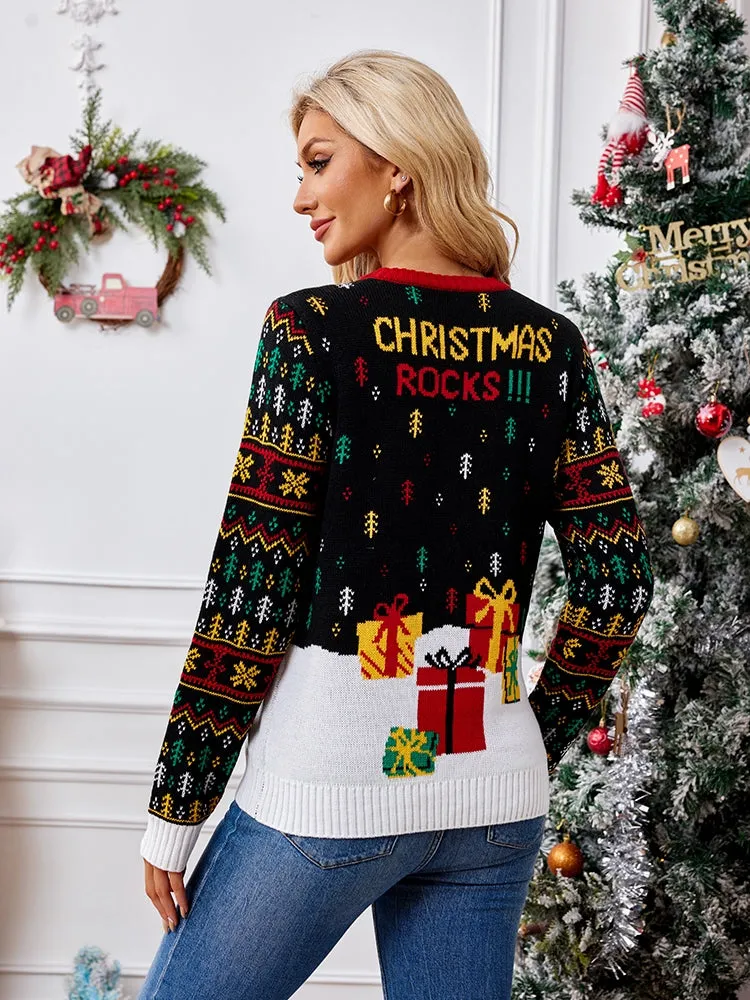 Knit Crewneck Embroidered Sweater  Santa Claus & Musical Notes