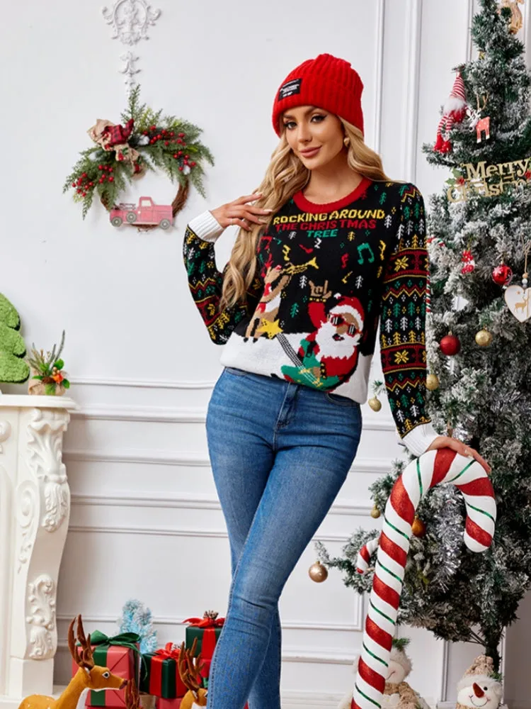 Knit Crewneck Embroidered Sweater  Santa Claus & Musical Notes