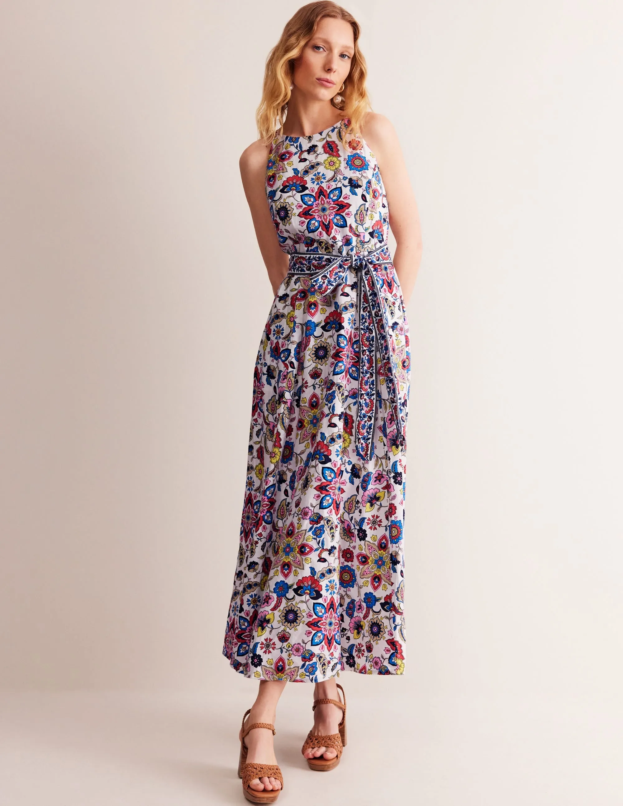 Linen Maxi Halter Dress-Ivory, Botanic Sprig