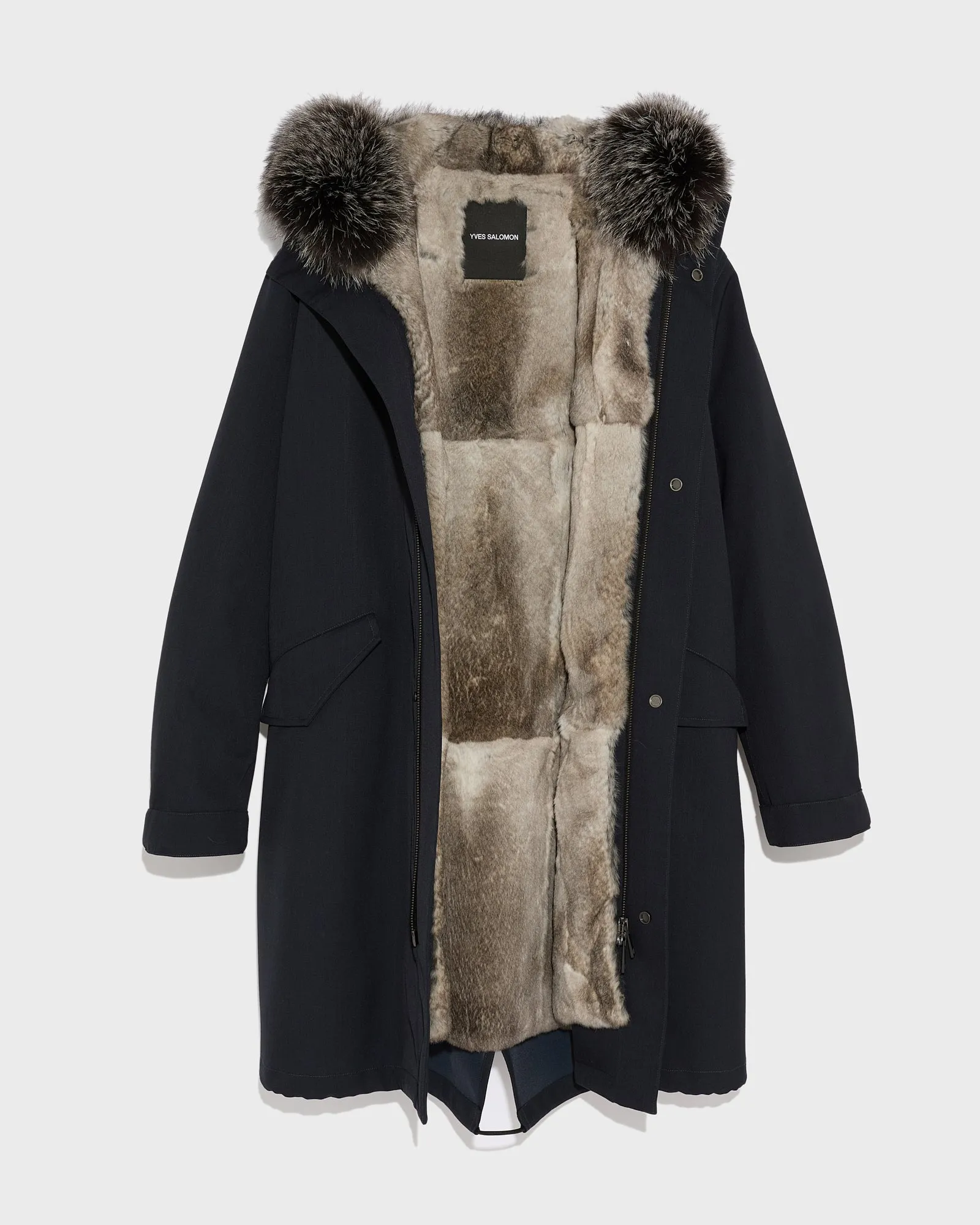 Parka fishtail en lainage technique et fourrure
