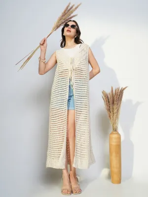 SHOWOFFFF Edition Women's Crochet Cream Sleeveless Long Shrug with Tie