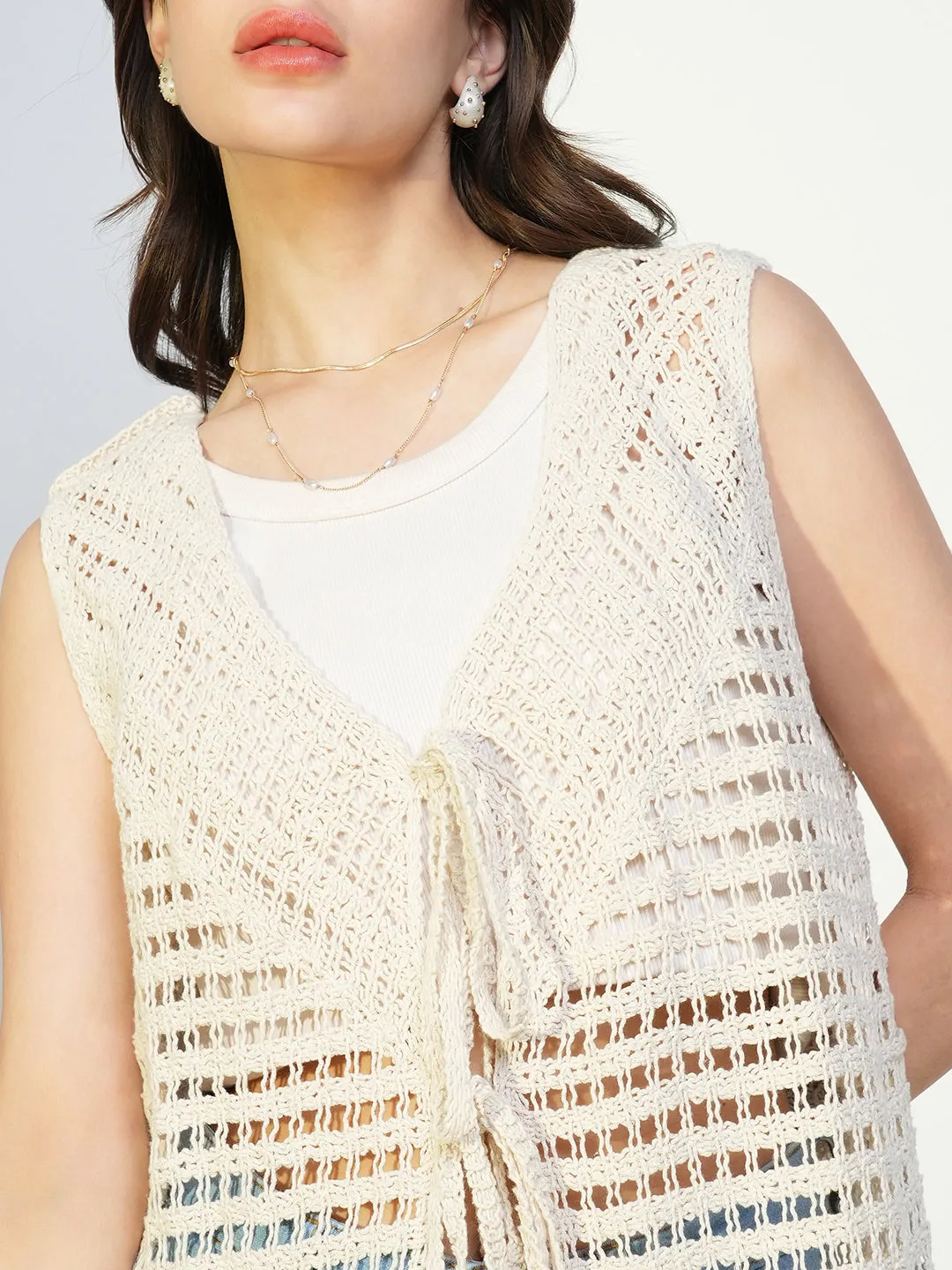 SHOWOFFFF Edition Women's Crochet Cream Sleeveless Long Shrug with Tie