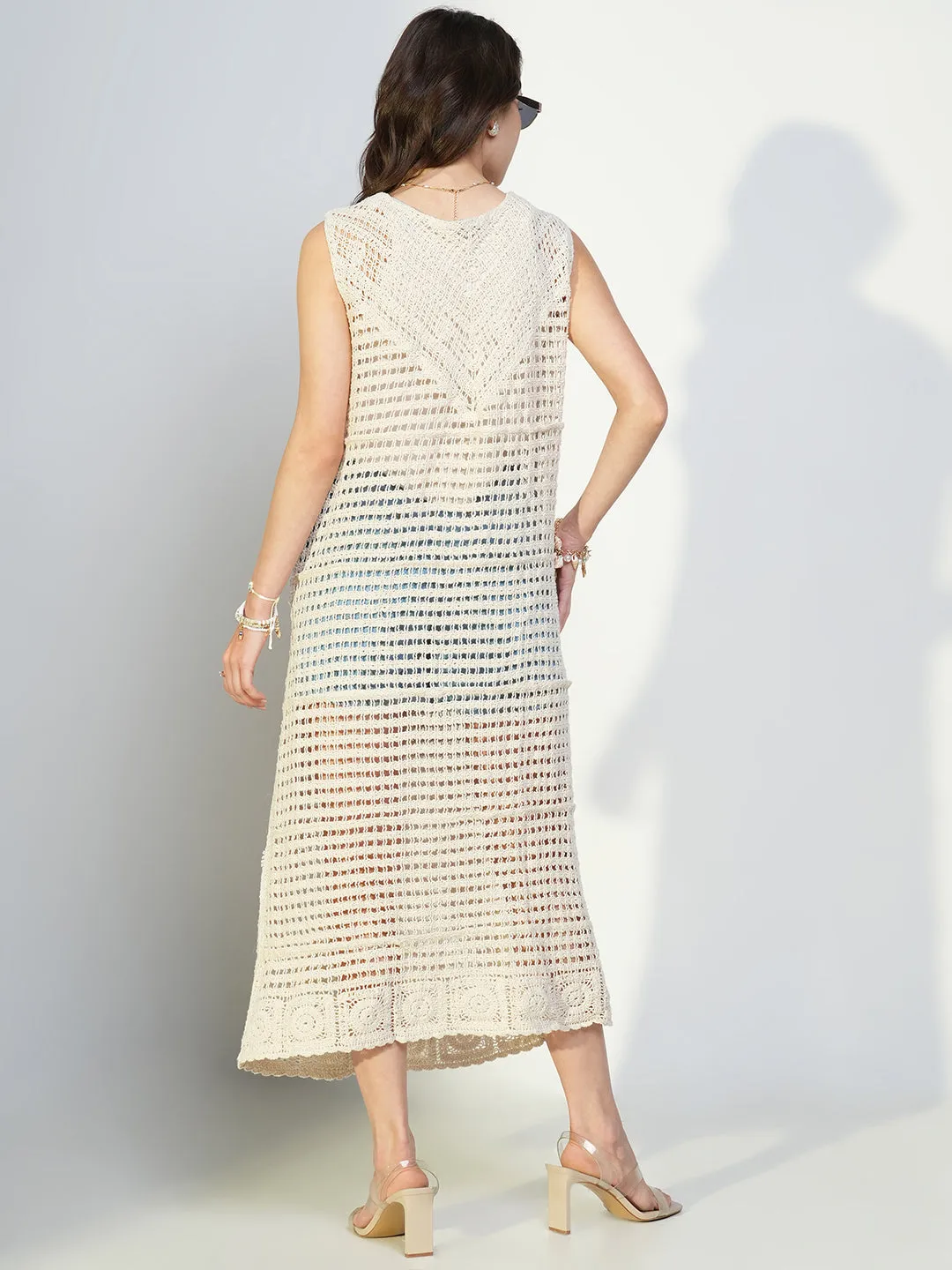 SHOWOFFFF Edition Women's Crochet Cream Sleeveless Long Shrug with Tie