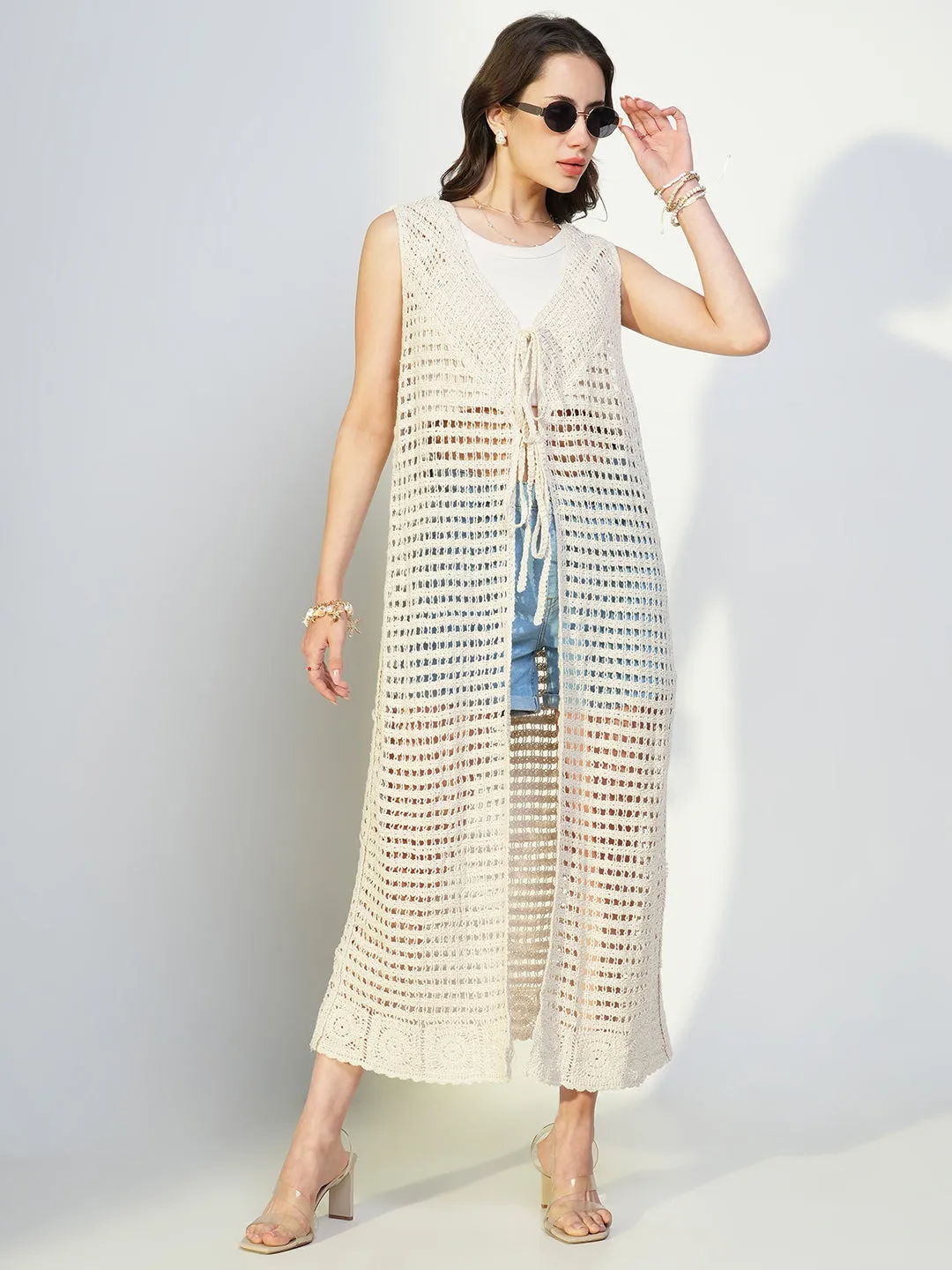 SHOWOFFFF Edition Women's Crochet Cream Sleeveless Long Shrug with Tie