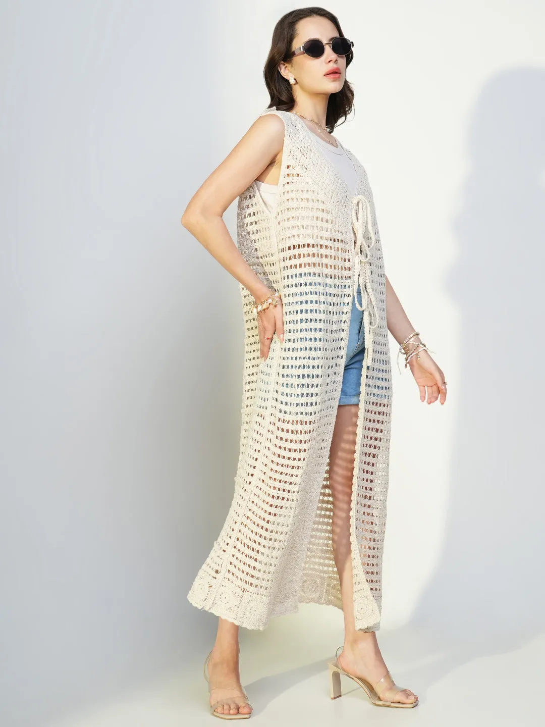 SHOWOFFFF Edition Women's Crochet Cream Sleeveless Long Shrug with Tie