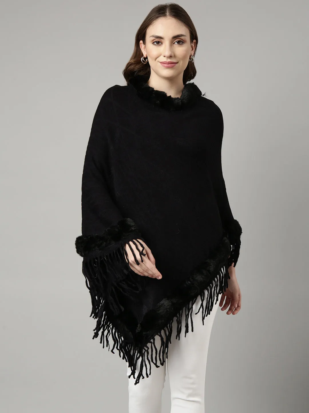 Women Black Round Neck Longline Fringed Poncho