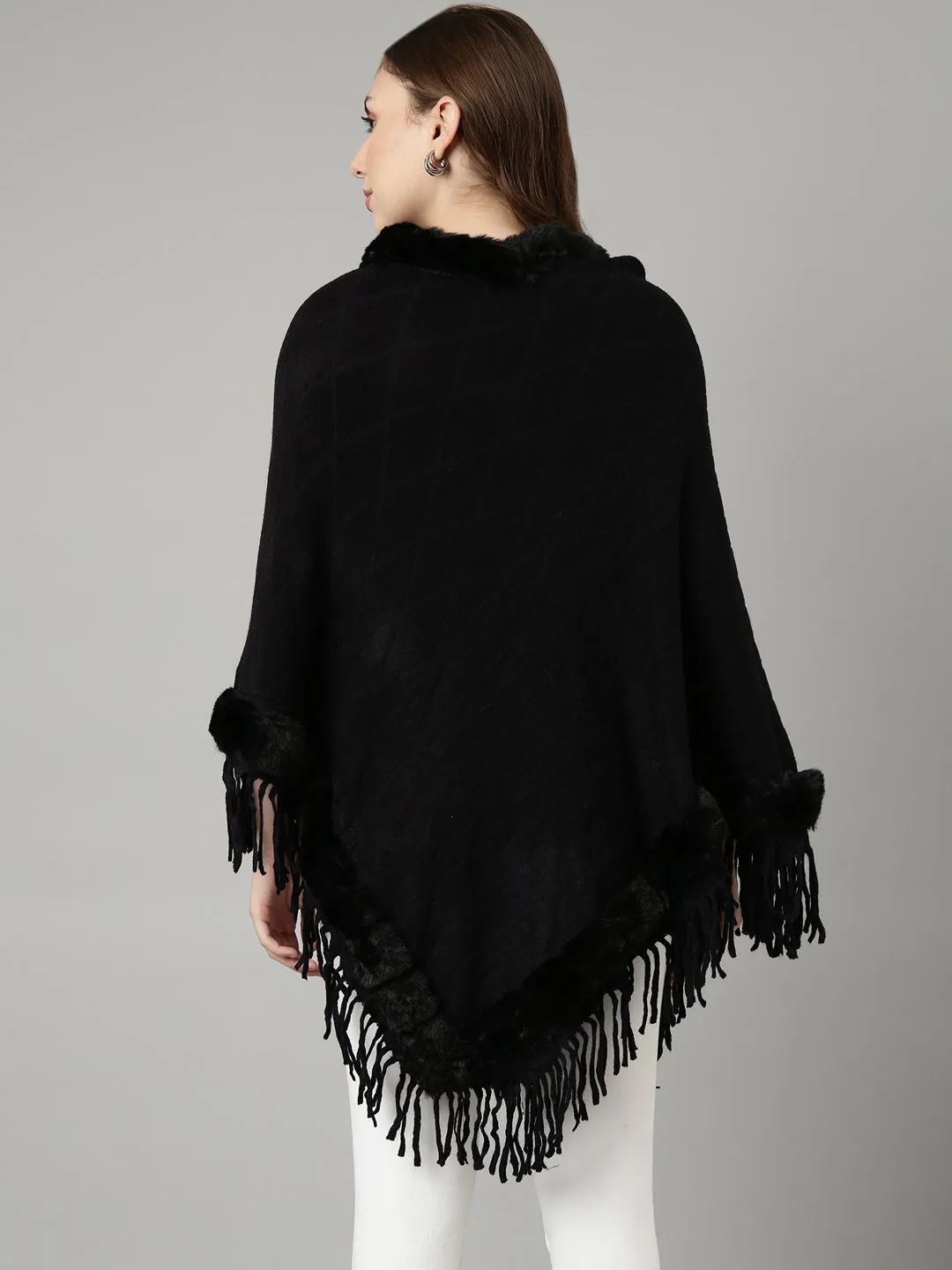 Women Black Round Neck Longline Fringed Poncho