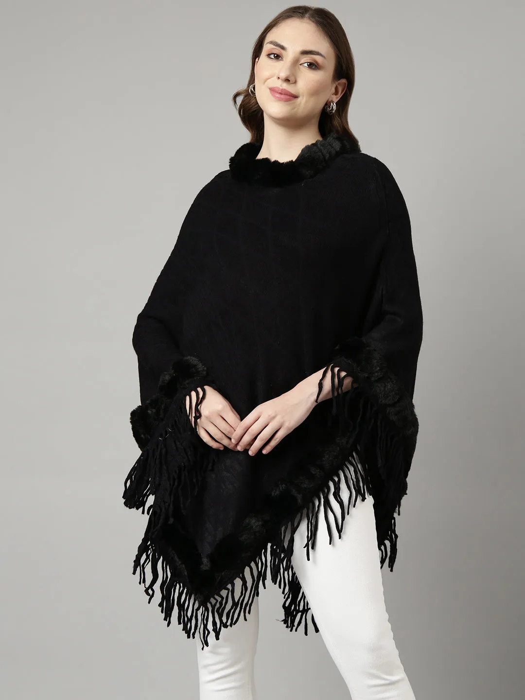 Women Black Round Neck Longline Fringed Poncho