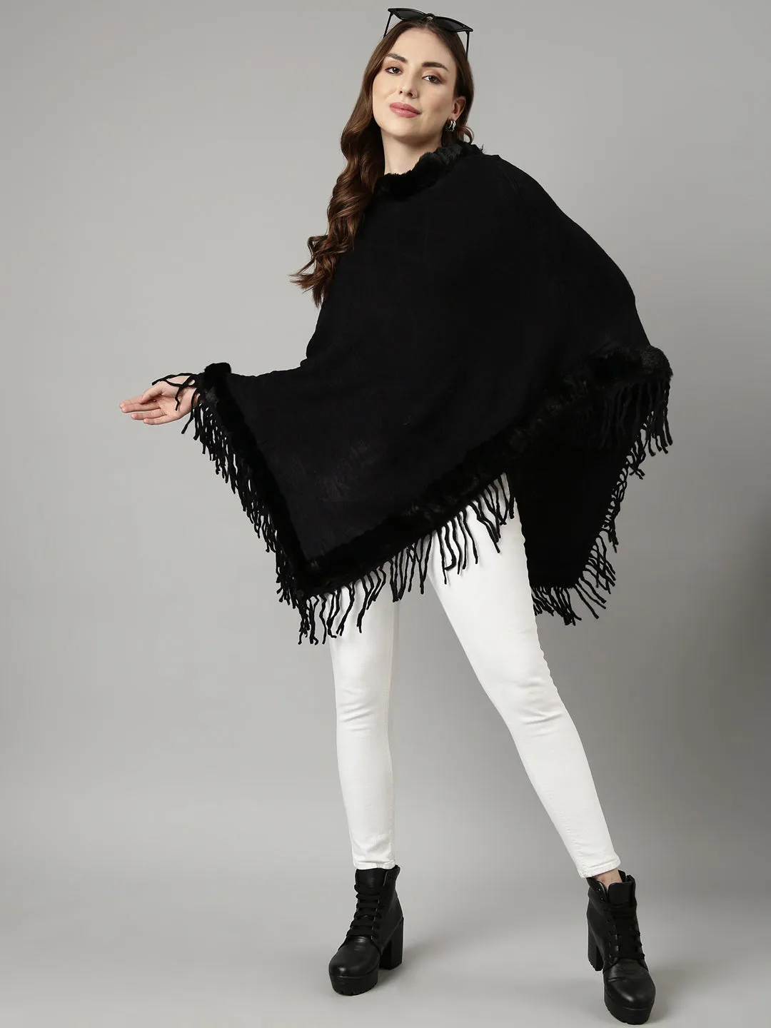 Women Black Round Neck Longline Fringed Poncho