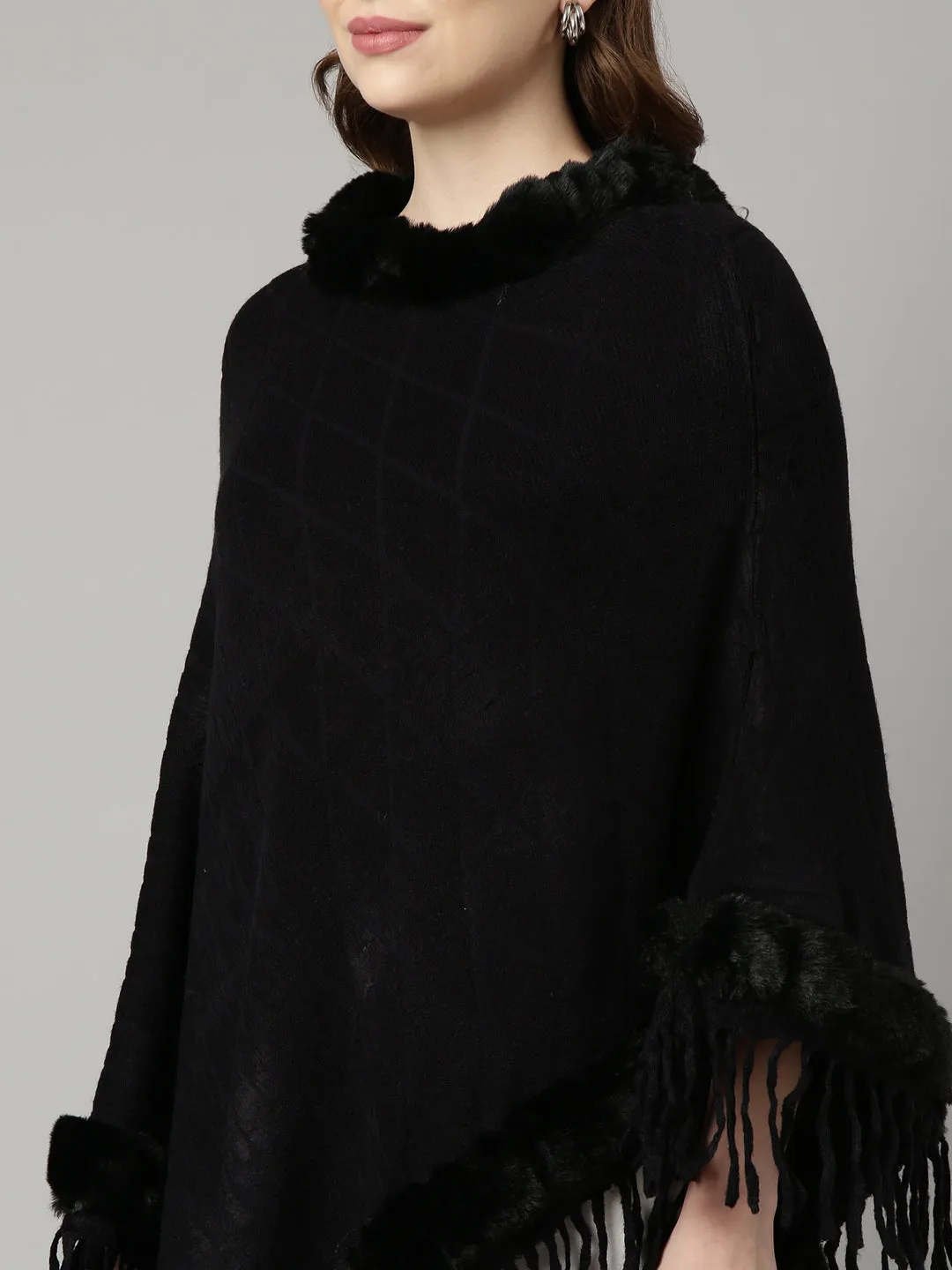 Women Black Round Neck Longline Fringed Poncho