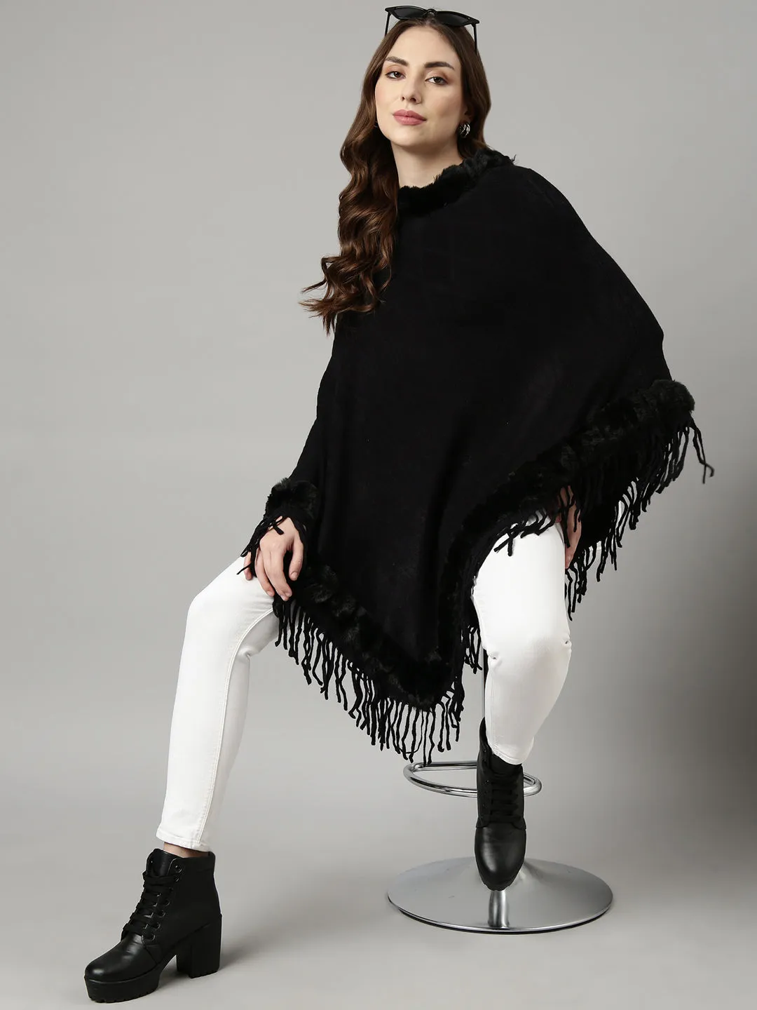 Women Black Round Neck Longline Fringed Poncho
