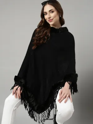 Women Black Round Neck Longline Fringed Poncho